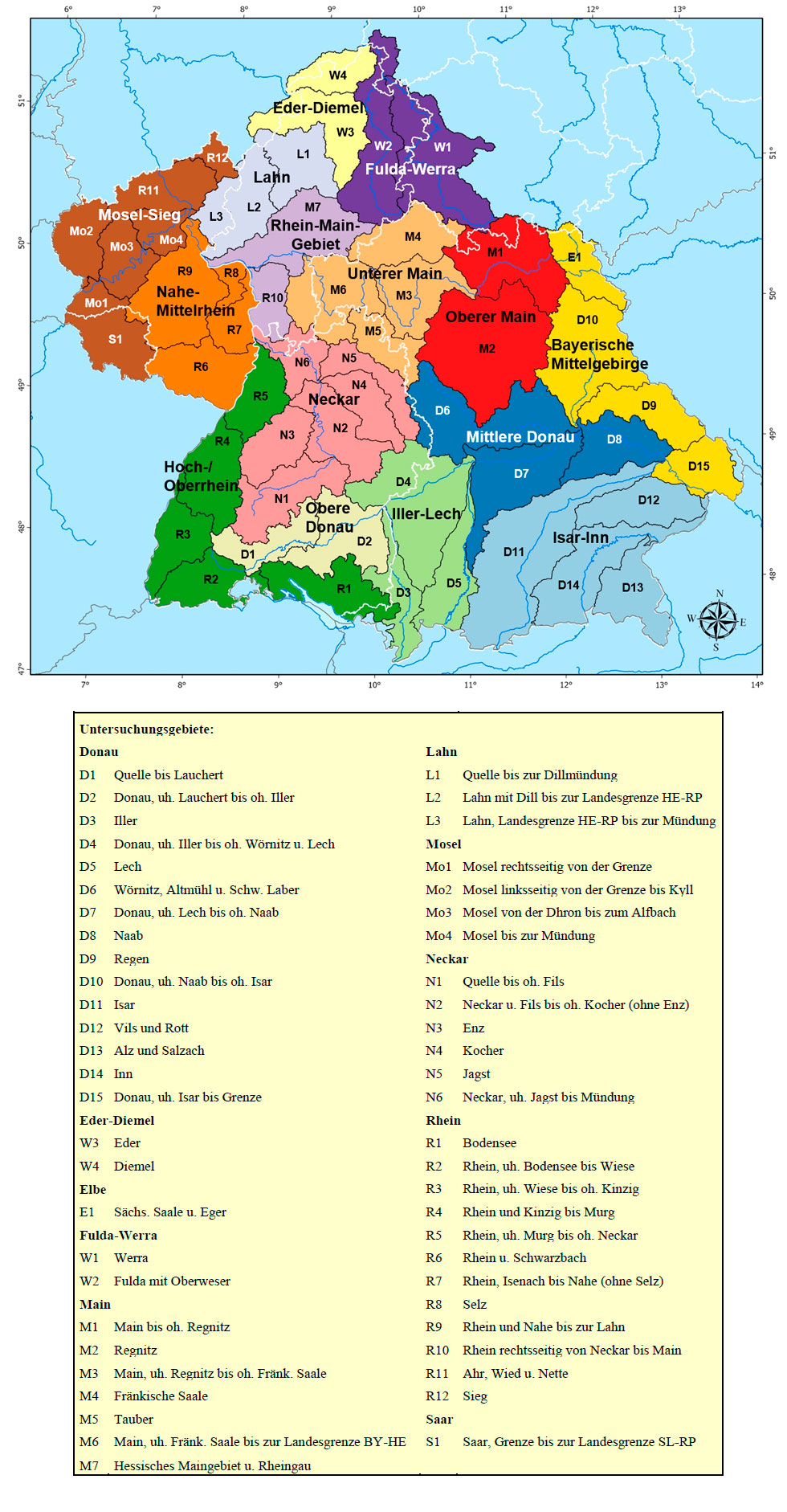 Die 53 KLIWA-Untersuchungsgebiete als Landkarte und in Listenform dargestellt. In der oberen Hälfte der Abbildung ist eine Landkarte mit den 13 KLIWA-Regionen und den ihnen jeweils zugeordneten Untersuchungsgebieten zu sehen. In der unteren Hälfte der Abbildung befindet sich eine Liste der Untersuchungsgebietsnamen, geordnet nach den Einzugsgebieten in denen diese liegen.