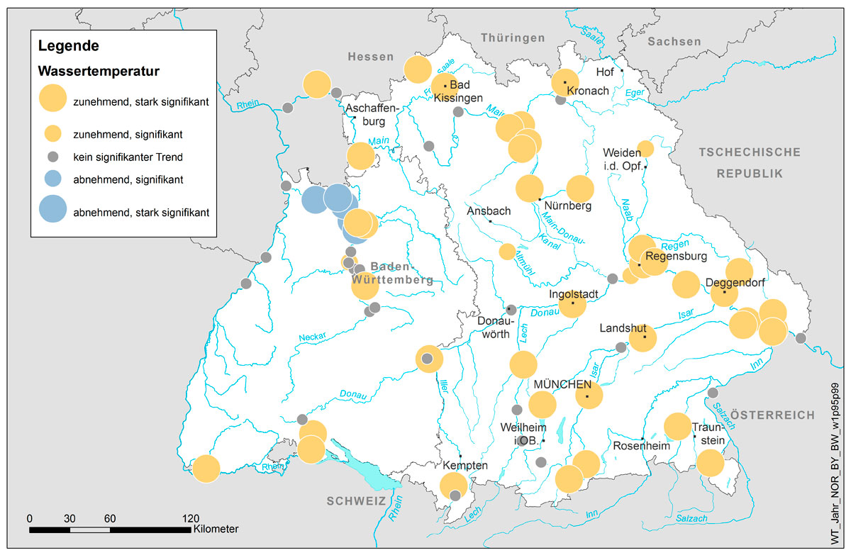 Trends der mittleren jährlichen Wassertemperatur in Baden-Württemberg und Bayern