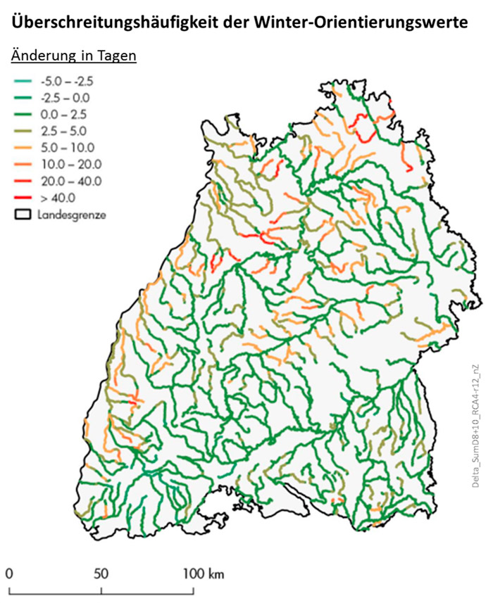 Die Überschreitungshäufigkeit der Winter-Orientierungswerte 8 °C und 10 °C für das KLIWA Bundesland Baden-Württemberg werden in einer Landkarte dargestellt. In der Karte sind die Änderungen der Überschreitungshäufigkeiten in Tagen in der nahen Zukunft (2021-2050) gegenüber der Referenz (1971-2000) eingetragen. Oben links in der Karte befindet sich eine Farbskala, die die Änderungen der Überschreitungshäufigkeiten symbolisiert, sie reicht ausgehend von -5 Tagen in Grün bis zu mehr als +40 Tagen in Rot. Diese werden durch die entsprechend eingefärbten Flussläufe repräsentiert. Dabei ist zu erkennen, dass die größten Änderungen von bis zu mehr als 40 Tagen vor allem im Nordosten an den Oberläufen kleinerer Gewässer und an den Rheinzuflüssen auftreten. Die Änderungen der restlichen Flüsse liegen im Bereich von etwa -2,5 bis +5 Tagen.