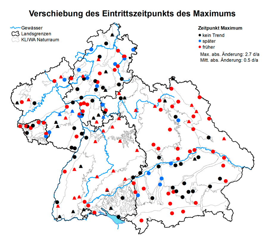 Eine Kartendarstellung von Bayern, Baden-Württemberg, Rheinland-Pfalz, Hessen und dem Saarland. Es wurden Grundwassermessstellen auf Trends in den Grundwasserständen untersucht. Die Grundwassermessstellen sind je nach Ergebnis der Trendauswertungen in schwarz (kein Trend), rot (abnehmender Trend) oder blau (zunehmender Trend) gekennzeichnet. An etwa 80 % der Messstellen wurde ein fallender Trend festgestellt.